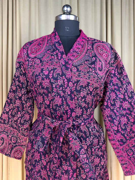 Yak Wool Blend Women Kimono Robe, Cozy Warm Winter Romance Loungewear, Purple Paisley Cardigan House Coat with Pockets Quirky Christmas Gift