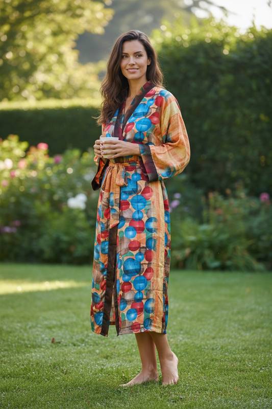 Recycle Silk Sari Women Kimono, Boho Chic Beach Cover Up Vintage Lounge Dressing Robe l Resort Wear Regal Gypsy House Robe Yellow Geometric