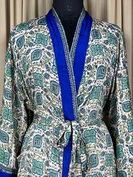 Recycle Silk Sari Women Kimono | Boho Chic Beach Cover Up Vintage Lounge Dressing Robe | Resort Wear Regal Gypsy House Robe, White Floral