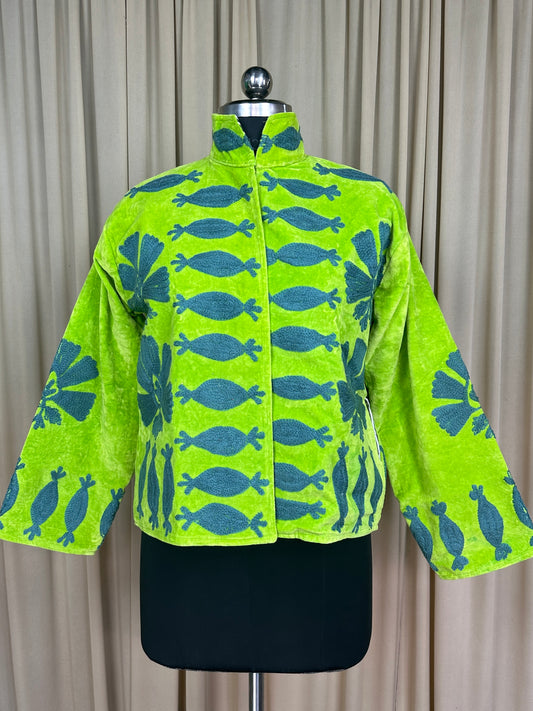 Boho Hand Embroidered Velvet Suzani Jacket, Green Floral Open Front Coat Winter Wear Free Size Robe Retro Chic Free Size Robe Blazer for Her