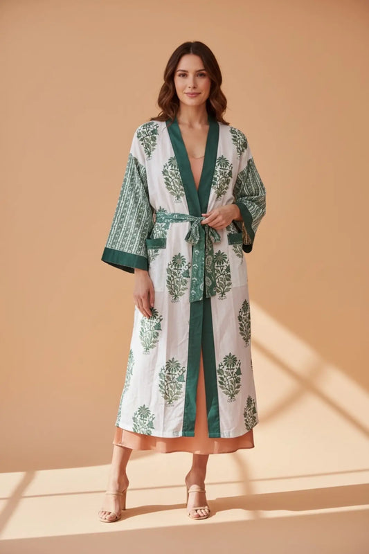 Pure Cotton Handblock Kimono | Indian Printed Summer House Robe, Boho Beach Coverup Kaftan, Bridesmaid Maternity Dressing Gown, Gift For Her