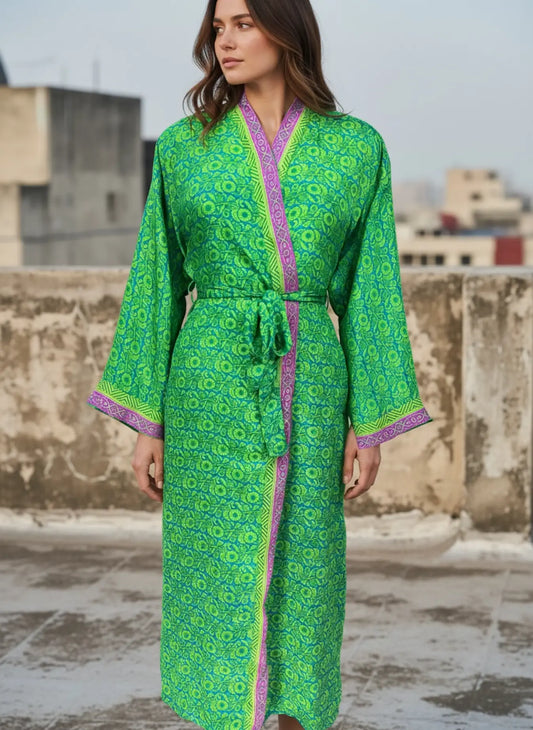 Recycle Silk Sari Women Kimono | Boho Chic Robe House, Beach Cover Up Vintage Bridesmaid Lounge Dressing Gown l Resort Wear Gypsy Nightwear