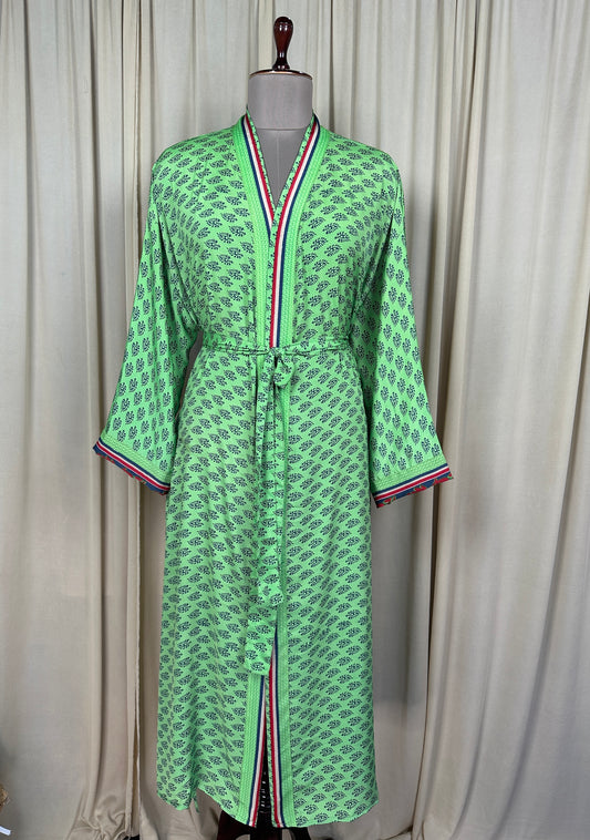 Recycle Silk Sari Women Kimono | Boho Chic Beach Cover Up Vintage Lounge Dressing Robe | Resort Wear Regal Gypsy House Robe, Green Floral