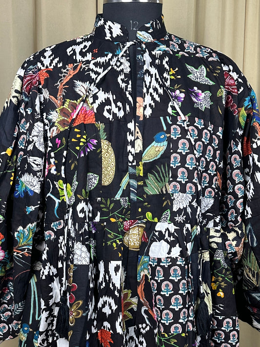 Boho Maxi Dress With Sleeves | Handmade Patchwork Long Flowy Beach Dress, One-of-a-kind Elegant Retro Outfit, Modest Gown with Pockets