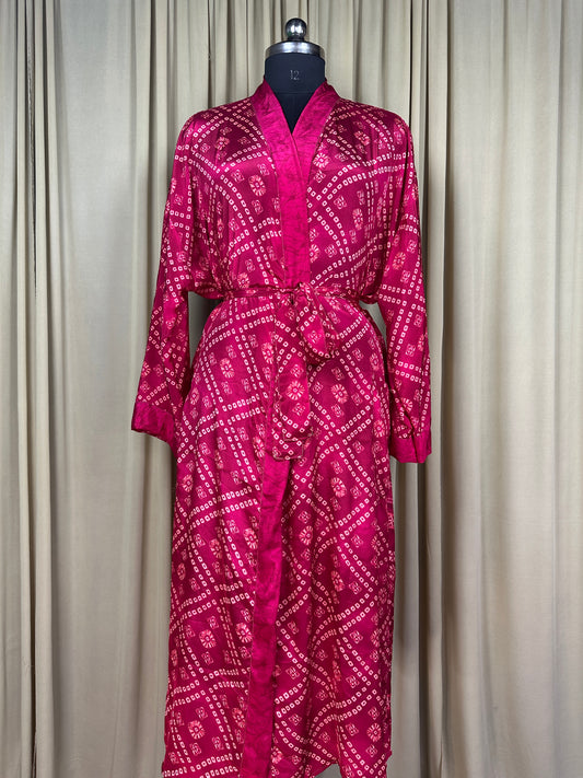 Recycle Silk Sari Women Kimono | Boho Chic Beach Cover Up Vintage Lounge Dressing Robe l Resort Wear Regal Gypsy House Robe | Red Geometric