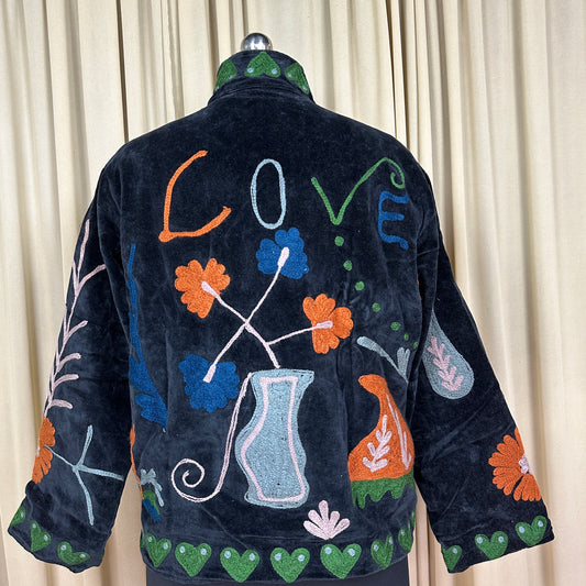Boho Hand Embroidered Velvet Suzani Jacket, Black Floral Open Front Coat Winter Wear Free Size Robe Retro Chic Free Size Robe Blazer for Her