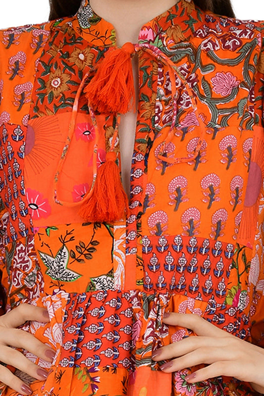 Orange Patchwork Cotton Dress: Hand-Stitched Block Print, Fits XXL