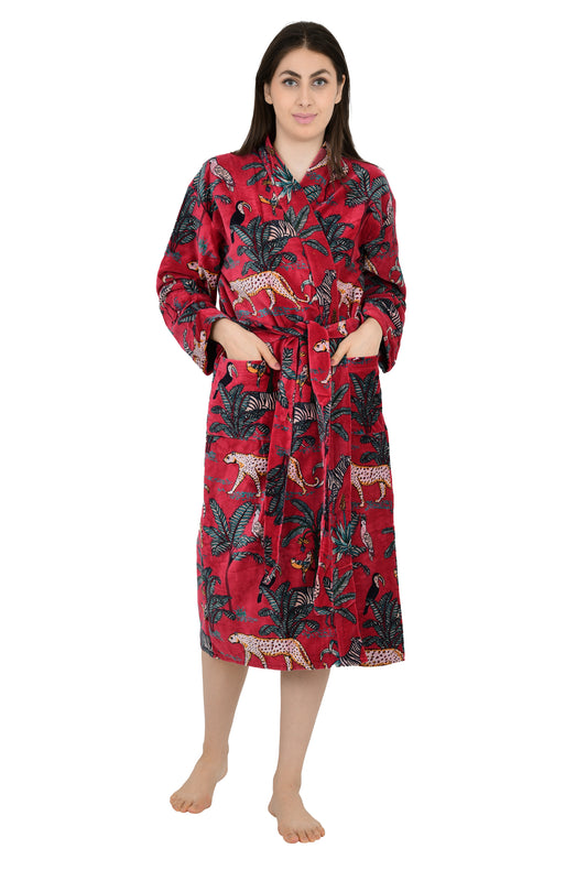 Luxury Velvet Kimono Robe: Reversible Silk-Lined Animal Print
