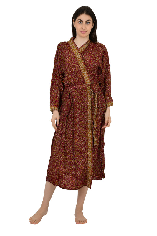 Silk Blend Kimono Robe: Floral Sari Fabric, Plus Size Loungewear