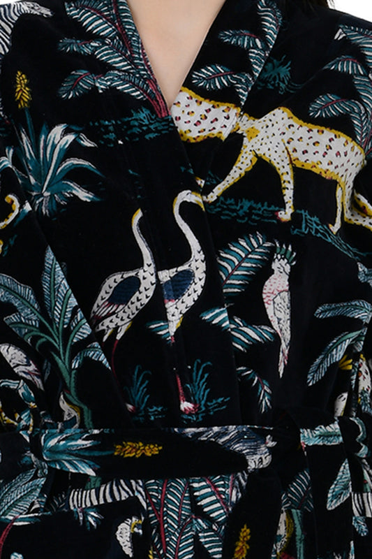 Velvet House Robe Kimono Luxury Unisex Loungewear | Boho Reversible Silk Lined Jacket | Quirky Mid Night Black Jungle | Anniversary Gift