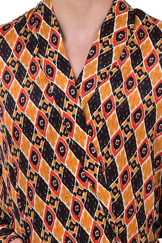 Boho Men's Soft Silk Kimono, Man Regal House Beach Robe, Persian King Ikat Elegant Yellow Black Hues