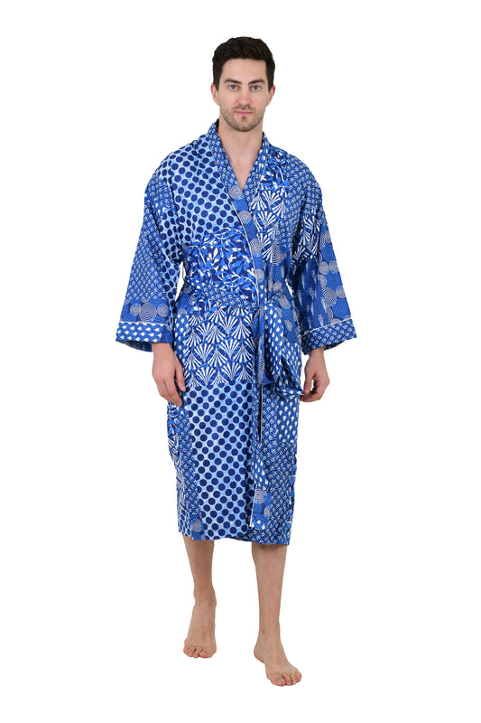 Men’s Cotton Kimono | Long Lightweight Bathrobe Lounge Robe with Pockets, One Size Comfortable Breathable Spa Resort Beach CoverUp Housecoat