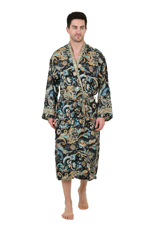 Boho Men's Soft Silk Kimono, Man Regal House Beach Robe, Persian King Floral Elegant Black Blue Hues