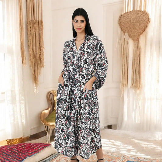 Silk Sari Women Kimono Cami Set | One Size White Black Floral Print