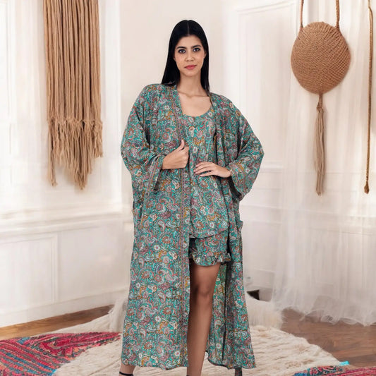 Silk Sari Women Kimono Cami Set | One Size Green Pink Paisley Print Gift For Her