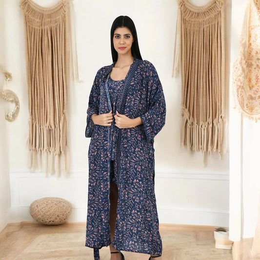 Silk Sari Women Kimono Cami Set | One Size Romance Blue Pink Floral Robe