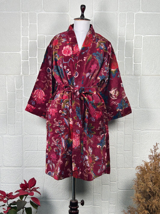 Luxury Velvet Kimono Unisex House Robe | Boho Jacket Autumn Winter Christmas Gift Elegant Reversible Cotton Lined | Quirky Gown Red Floral
