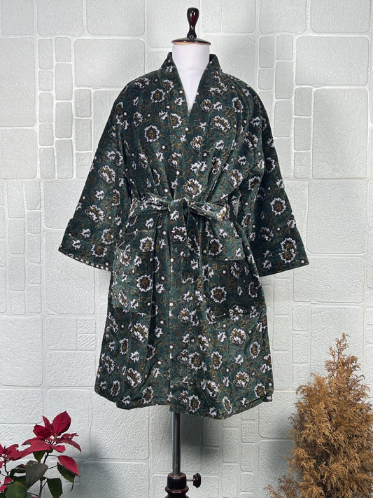 Luxury Velvet Kimono Unisex House Robe | Boho Jacket Autumn Winter Christmas Gift Elegant Reversible Cotton Lined | Quirky Gown Green Floral