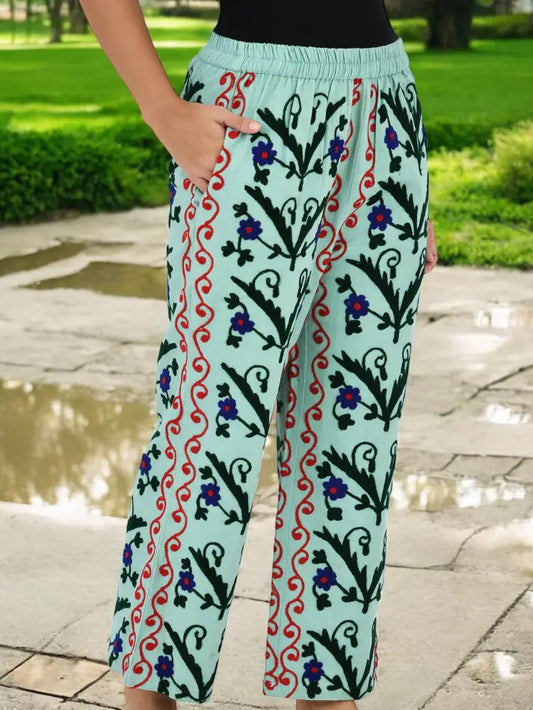 Boho Harem Pants Gift for Her – Handmade Embroidered Suzani Festival Pants, Boho Hippie Lounge Pajamas with Pockets, Unique Floral Yoga Pant