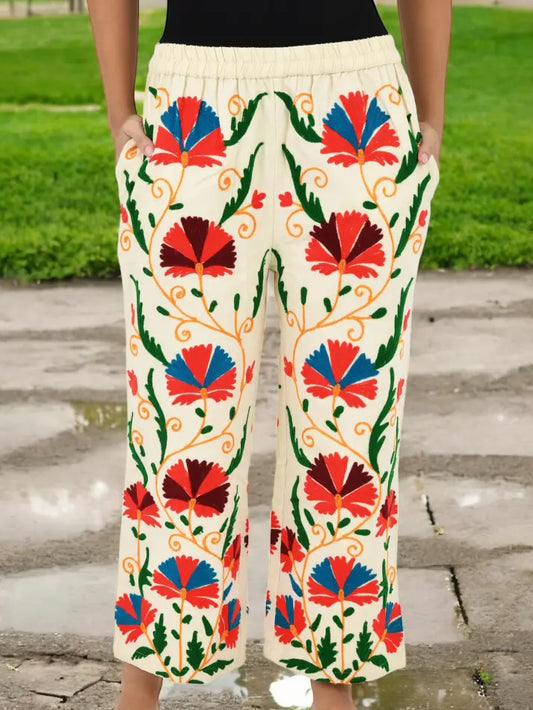 Boho Hippi Handmade Suzani Embroidered Pockets Trouser Comfy Fit Casual Wear Elastic Waist | Floral