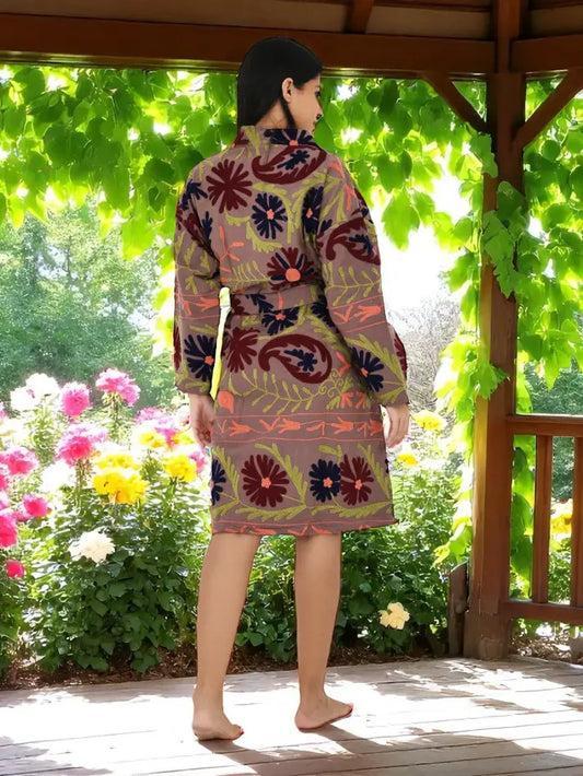 Cotton Women Kimono Suzani Embroidery Jacket Robe, Artisan Hand Embroidered Open Front Duster, Boho Gypsy Resort Wear Sustainable Clothing