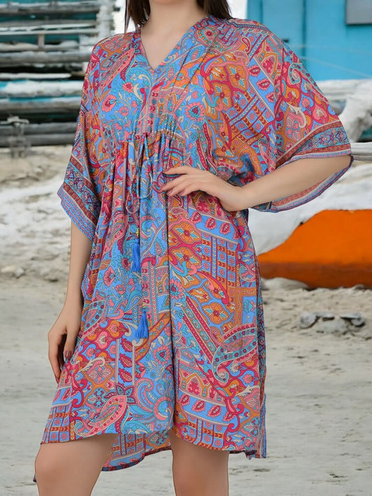 Women's Silk Blend Short Kaftan, Boho Chic Summer Dressing Gown, Boheme Beach Coverup, Loose Fit Mini Dress, Luxury Lounge Wear Gift for Her-blue-geometrical-print