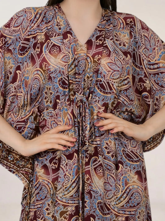 Women's Silk Blend Long Kaftan, Boho Chic Summer Dressing Gown, Boheme Beach Coverup, Loose Fit Maxi Dress, Luxury Lounge Wear, Gift for Her