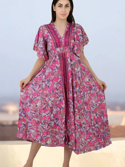 A Line Silk Blend Dress, V Neck Short Sleeve Wedding Guest Dress , Graceful Long Silky Midi Dress, Evening Cocktail Pink Dress, Gift for Her