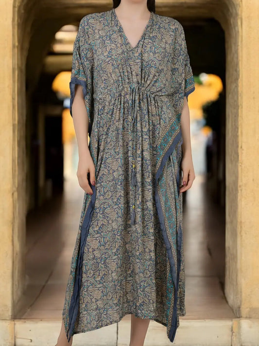Silk Long Kaftan | Soft Amber Floral #1628