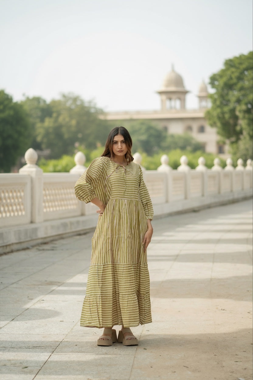 Women Cotton Midi Dress, Hand Block Printed Stripes Dress, Boho Chic Flowy Gown, Long Sleeves With Pockets, Flowy Sustainable Gift For Her