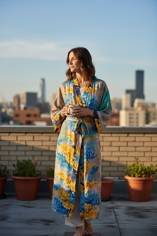 Recycle Silk Sari Women Kimono | Boho Chic Robe House, Beach Cover Up Vintage Bridesmaid Lounge Dressing Gown l Resort Wear Gypsy Nightwear