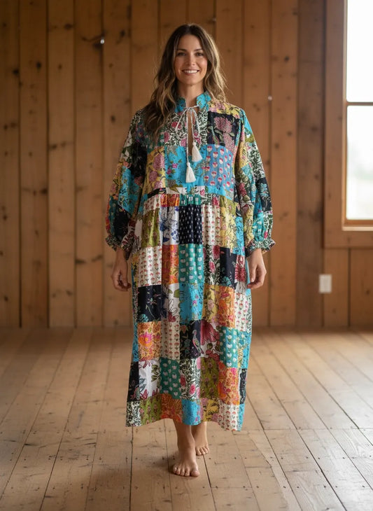 Boho Maxi Dress With Sleeves | Handmade Patchwork Long Flowy Beach Dress, One-of-a-kind Elegant Retro Outfit, Modest Gown with Pockets