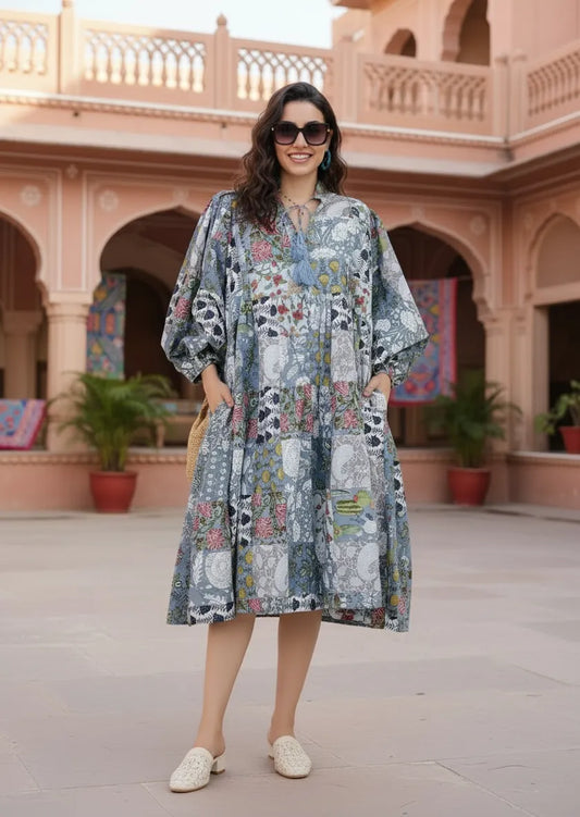 Boho Maxi Dress With Sleeves | Handmade Patchwork Long Flowy Beach Dress, One-of-a-kind Elegant Retro Outfit, Modest Gown with Pockets