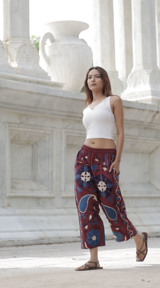 Cotton Suzani Embroidery Women Pajama | Hand Embroidered Floral Hippie Pant | Handcrafted Boho Loungewear Trouser One Size | Gift for Her