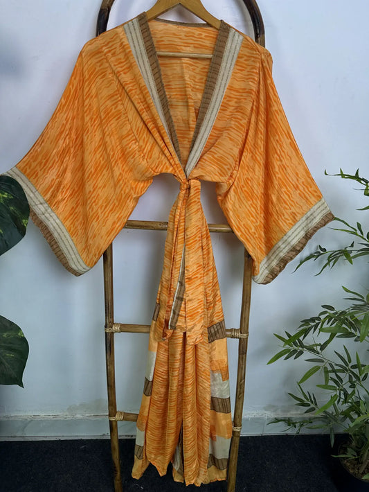 Upcycle Boho Silk Long Women kimono, Boho Chic Robe House Beach Cover Up Vintage Bridesmaid Lounge Dressing Gown Resort Wear Gypsy Nightwear