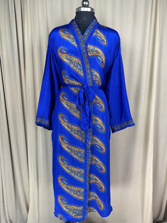 Recycle Silk Sari Women Kimono | Boho Chic Beach Cover Up Vintage Lounge Dressing Robe l Resort Wear Regal Gypsy House Robe | Blue Paisley