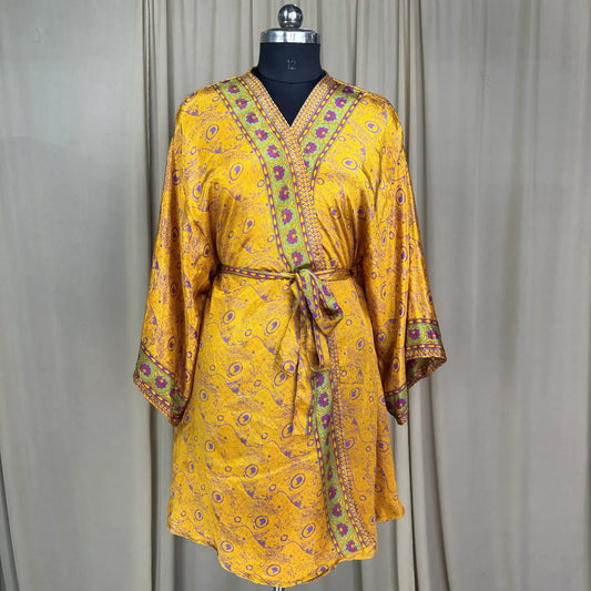 Vintage Silk Sari Boho Kimono | Luxury Loungewear House Robe Flowy Gown, Regal Floral Romance Duster Beach CoverUp, Bridesmaid Dressing Gown