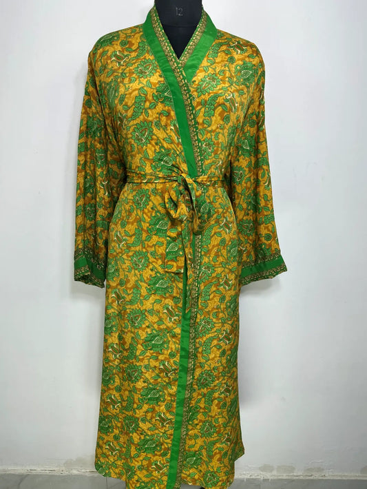 Recycle Silk Sari Women Kimono | Boho Chic Robe House | Beach Cover Up Vintage Bridesmaid Lounge Dressing Gown l Resort Wear Gypsy Nightwear