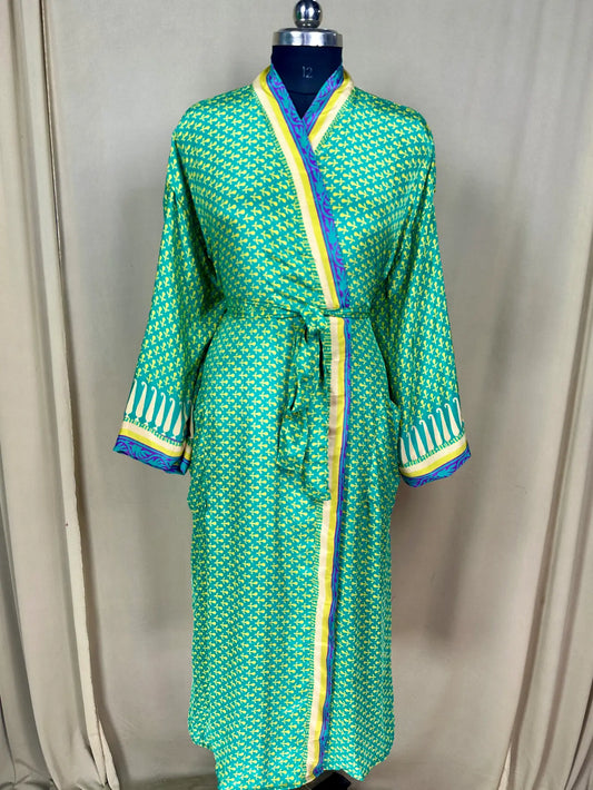 Recycle Silk Sari Women Kimono | Boho Chic Robe House, Beach Cover Up Vintage Bridesmaid Lounge Dressing Gown l Resort Wear Gypsy Nightwear