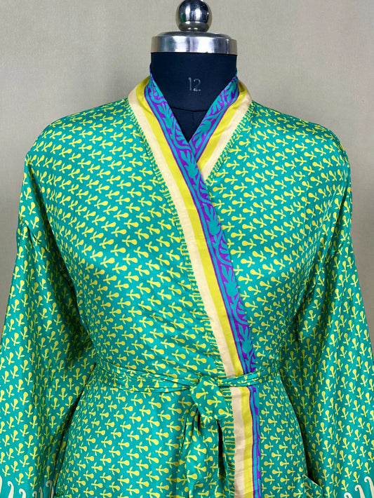 Recycle Silk Sari Women Kimono | Boho Chic Robe House, Beach Cover Up Vintage Bridesmaid Lounge Dressing Gown l Resort Wear Gypsy Nightwear