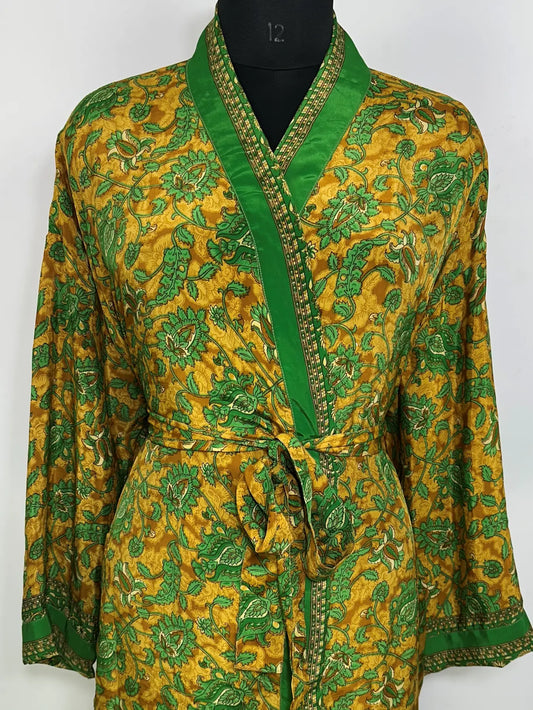 Recycle Silk Sari Women Kimono | Boho Chic Robe House | Beach Cover Up Vintage Bridesmaid Lounge Dressing Gown l Resort Wear Gypsy Nightwear