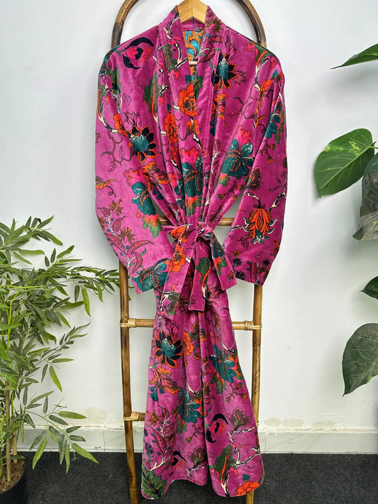 Womens Velvet Kimono Robe | Reversible with Lining Bridal Dressing Gown, Spa Gift for Her & Smoking Jacket for Him | Womens Boho Clothing