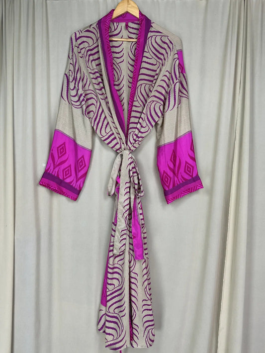 Recycle Silk Sari Women Kimono, Boho Chic Beach Cover Up Vintage Lounge Dressing Robe l Resort Wear Regal Gypsy House Robe Beige Geometric