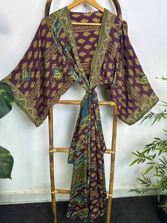 Upcycle Boho Silk Long Women kimono, Boho Chic Robe House Beach Cover Up Vintage Bridesmaid Lounge Dressing Gown Resort Wear Gypsy Nightwear