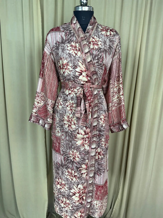 Recycle Silk Sari Women Kimono | Boho Chic Beach Cover Up Vintage Lounge Dressing Robe l Resort Wear Regal Gypsy House Robe | Brown Floral
