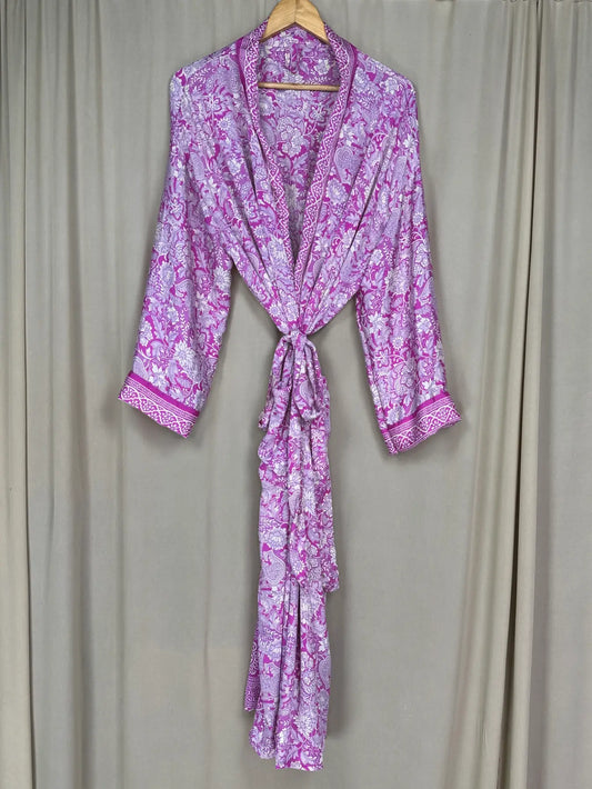 Recycle Silk Sari Women Kimono | Boho Chic Beach Cover Up Vintage Lounge Dressing Robe l Resort Wear Regal Gypsy House Robe | Pink Floral