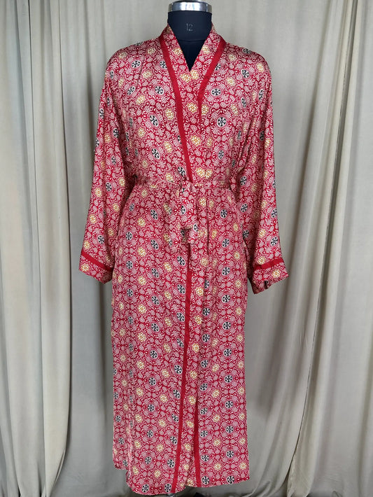 Recycle Silk Sari Women Kimono | Boho Chic Beach Cover Up Vintage Lounge Dressing Robe l Resort Wear Regal Gypsy House Robe | Red Floral