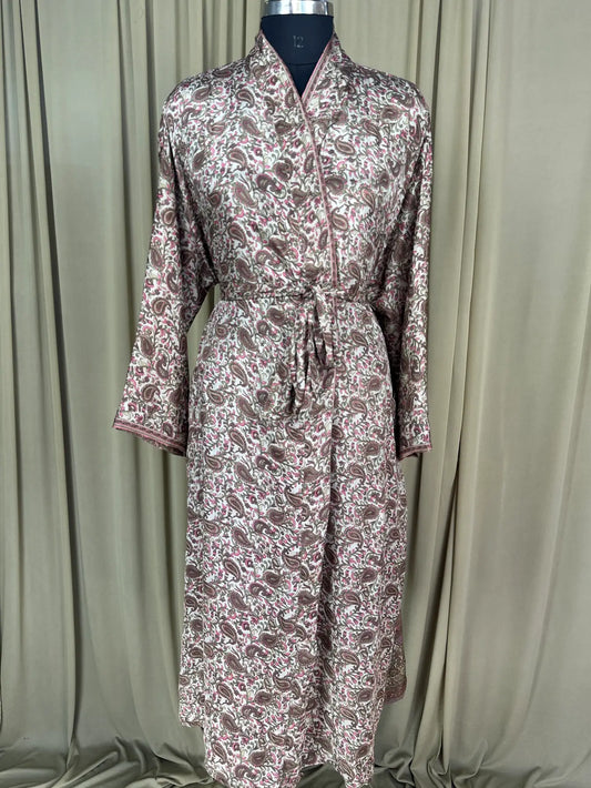 Recycle Silk Sari Women Kimono | Boho Chic Beach Cover Up Vintage Lounge Dressing Robe l Resort Wear Regal Gypsy House Robe | Beige Paisley