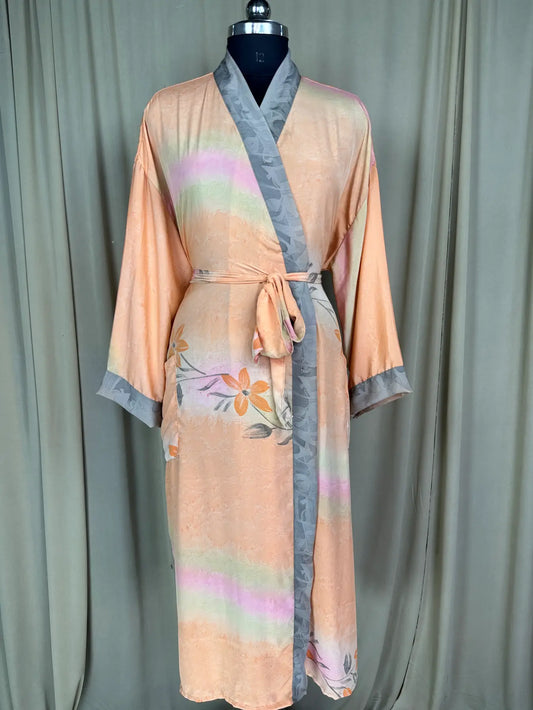 Recycle Silk Sari Women Kimono | Boho Chic Beach Cover Up Vintage Lounge Dressing Robe l Resort Wear Regal Gypsy House Robe | Orange Floral