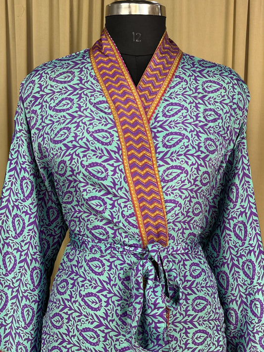 Recycle Silk Sari Women Kimono | Boho Chic Beach Cover Up Vintage Lounge Dressing Robe l Resort Wear Regal Gypsy House Robe | Blue Floral